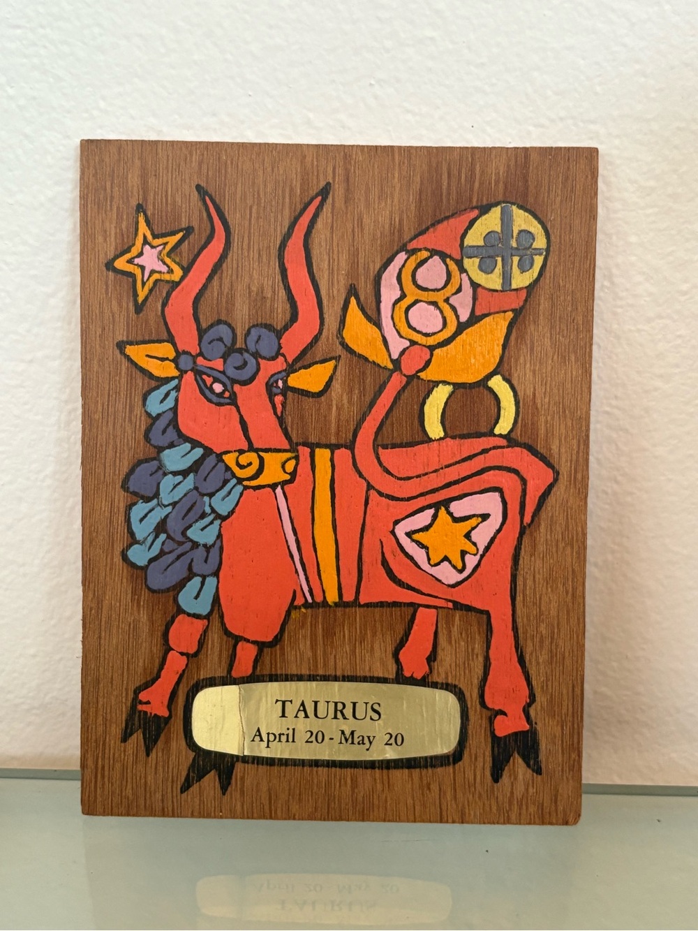 Vintage bright colored painted Taurus Zodiac Astrology wooden wall decor plaque